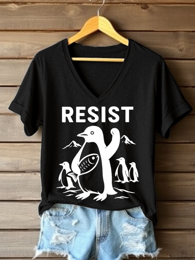 Women's Penguins Resist Printed V Neck T-shirt