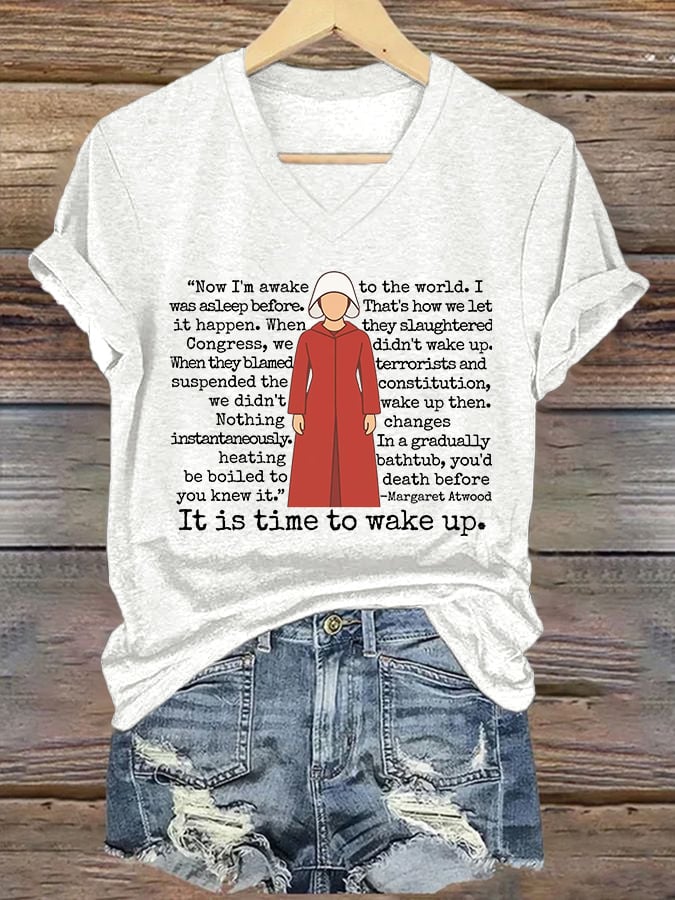 V-Neck Retro It Is Time To Wake Up Print T-Shirt