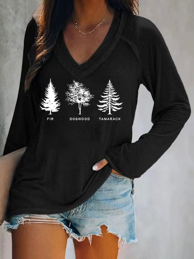 Women's fashion casual retro FDT tree long-sleeved T-shirt