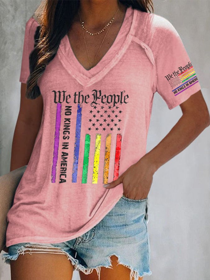 V-Neck Retro We The People No Kings In America Print T-Shirt