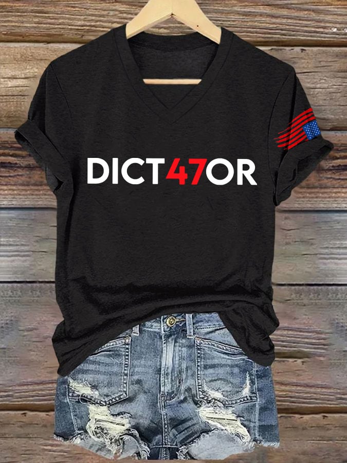 V-Neck Retro Dict47or Print T-shirt