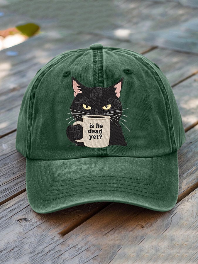 Unisex Washed Cotton Black Cat Is He Dead? Embroidered Hat