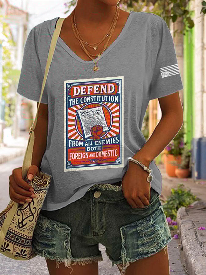 V-Neck Retro Defend The Constitution From All Enemies Both Foreign And Domestic Print T-Shirt