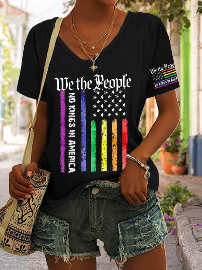 V-Neck Retro We The People No Kings In America Print T-Shirt