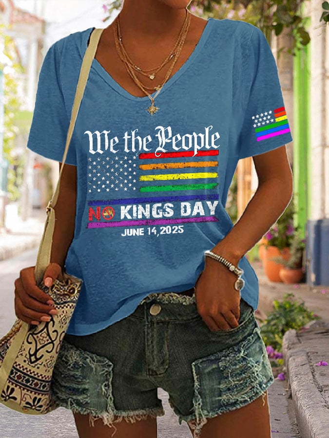 V-neck We The People No Kings Day June 14, 2025 Print T-shirt