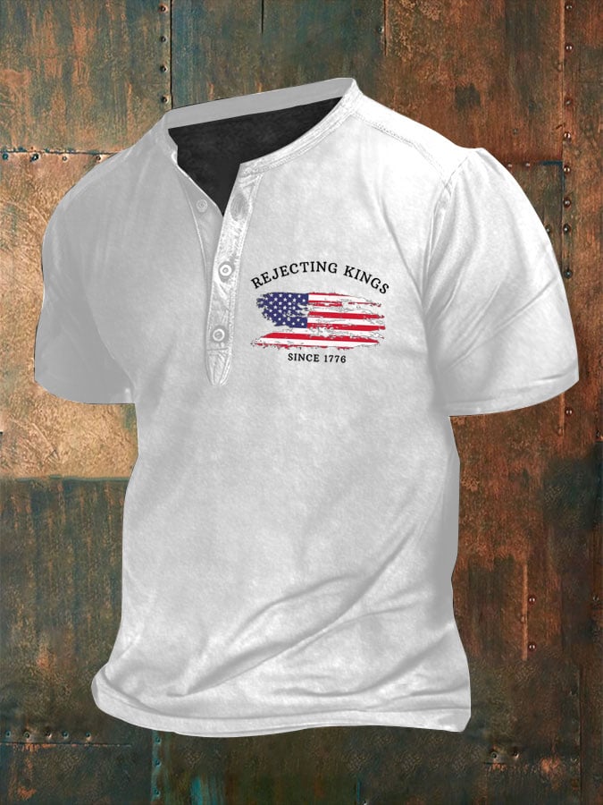 Men'S Rejecting Kings Since 1776 Print Henley Collar Top
