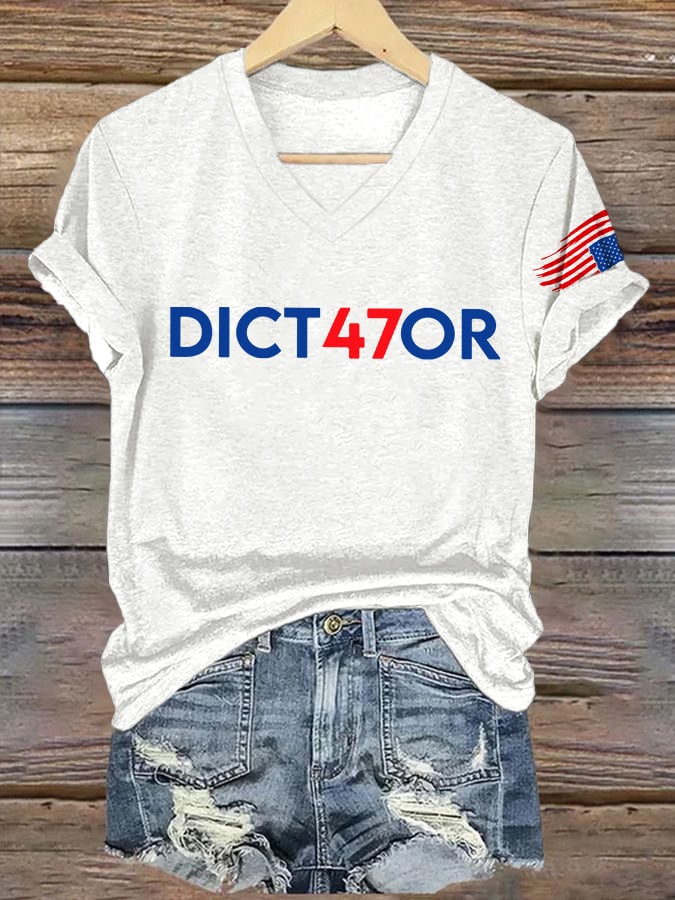 V-Neck Retro Dict47or Print T-shirt