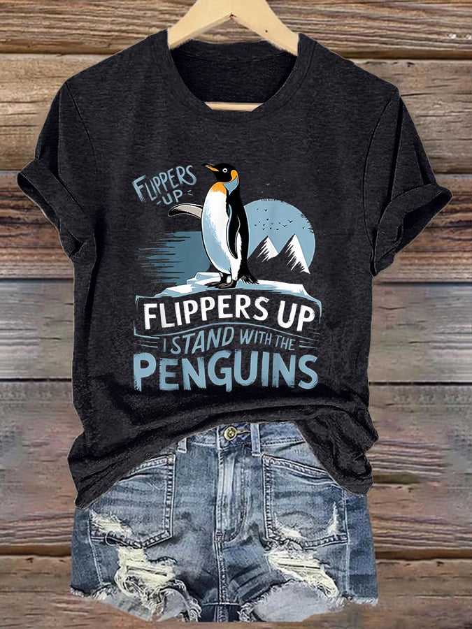Women's Retro Penguins Flippers Up I Stand With The Penguins Print T-Shirt