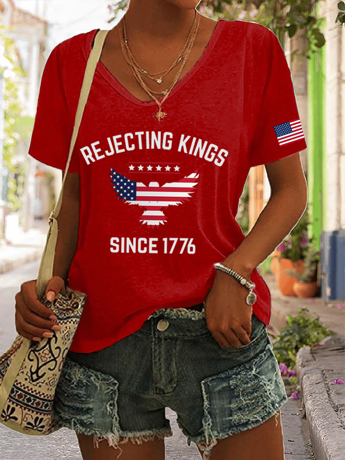 Women's Rejecting Kings Since 1776 Printed V-Neck T-Shirt