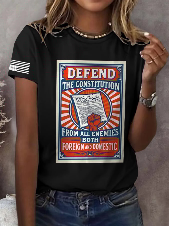 Retro Defend The Constitution From All Enemies Both Foreign And Domestic Print T-Shirt